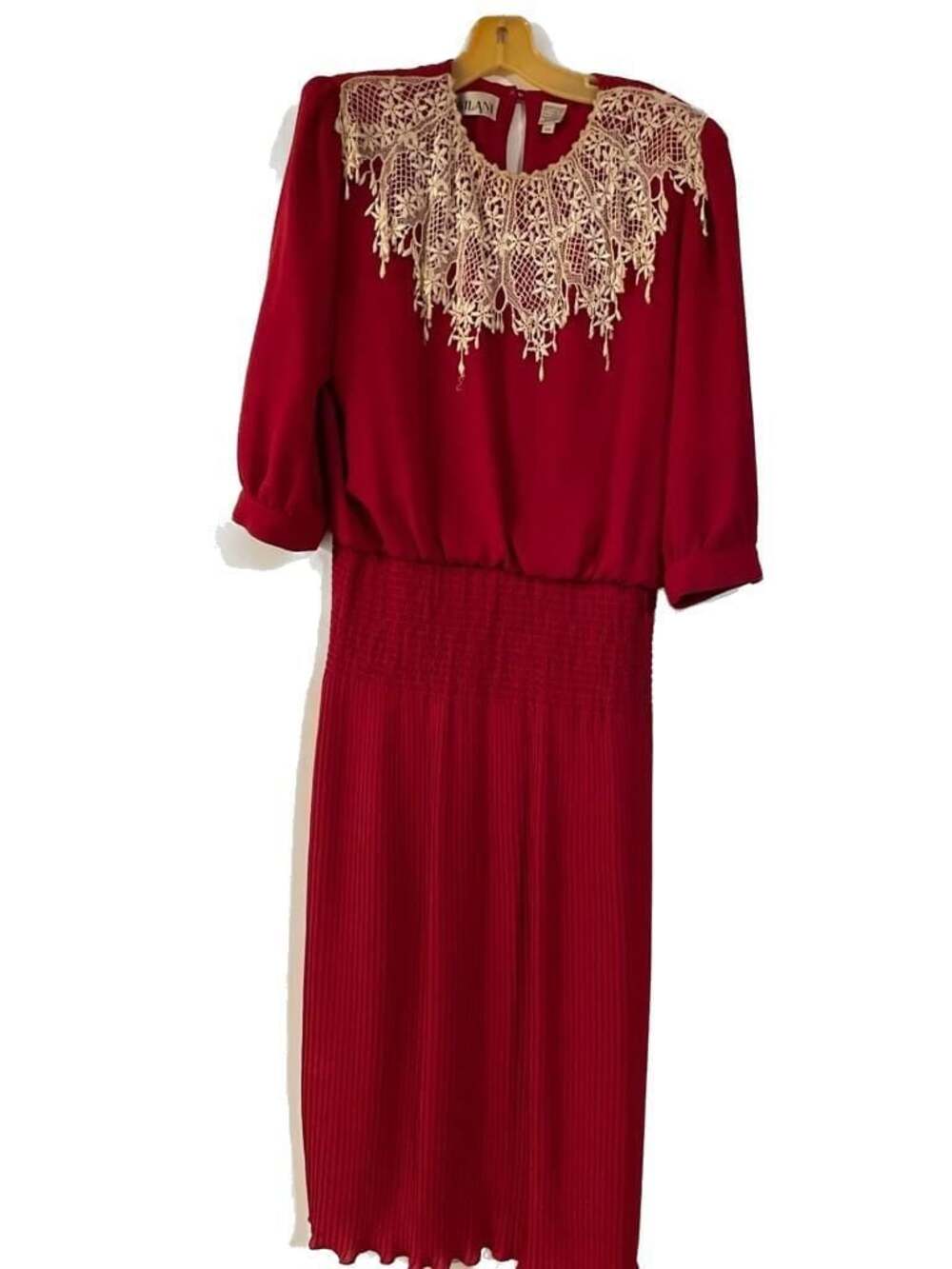 Vintage 80s Nilani Red Accordion Pleat Midi Dress with White Crochet Lace Bib Co